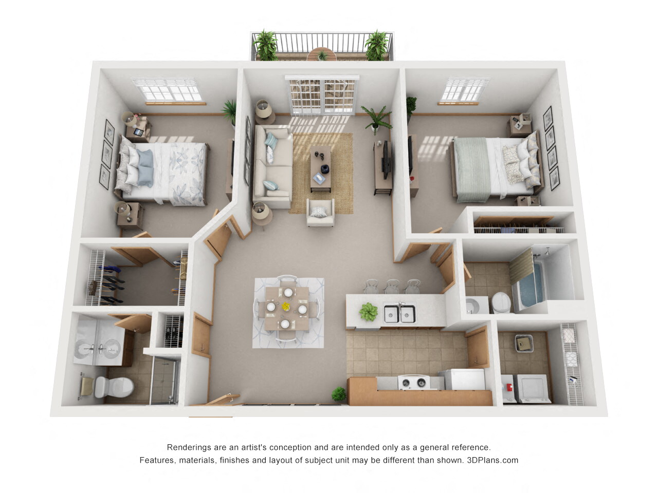 Floor plan for 2 beds, 2 baths, 1153 sqft